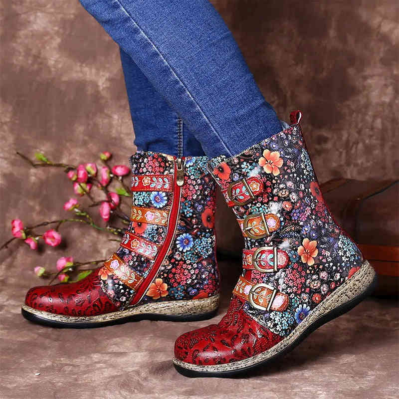 Flower Power Women's Mid Calf Boots - Bohemian Faux-Leather Boots with Floral Pattern
