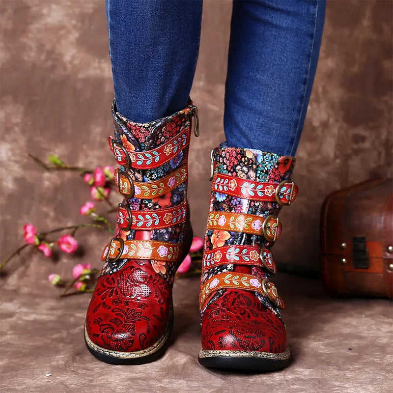 Flower Power Women's Mid Calf Boots - Bohemian Faux-Leather Boots with Floral Pattern