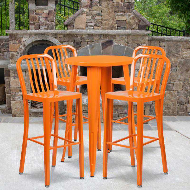 Richard Commercial Grade 24 Round Orange Metal Indoor-Outdoor Bar Table Set with 4 Stools