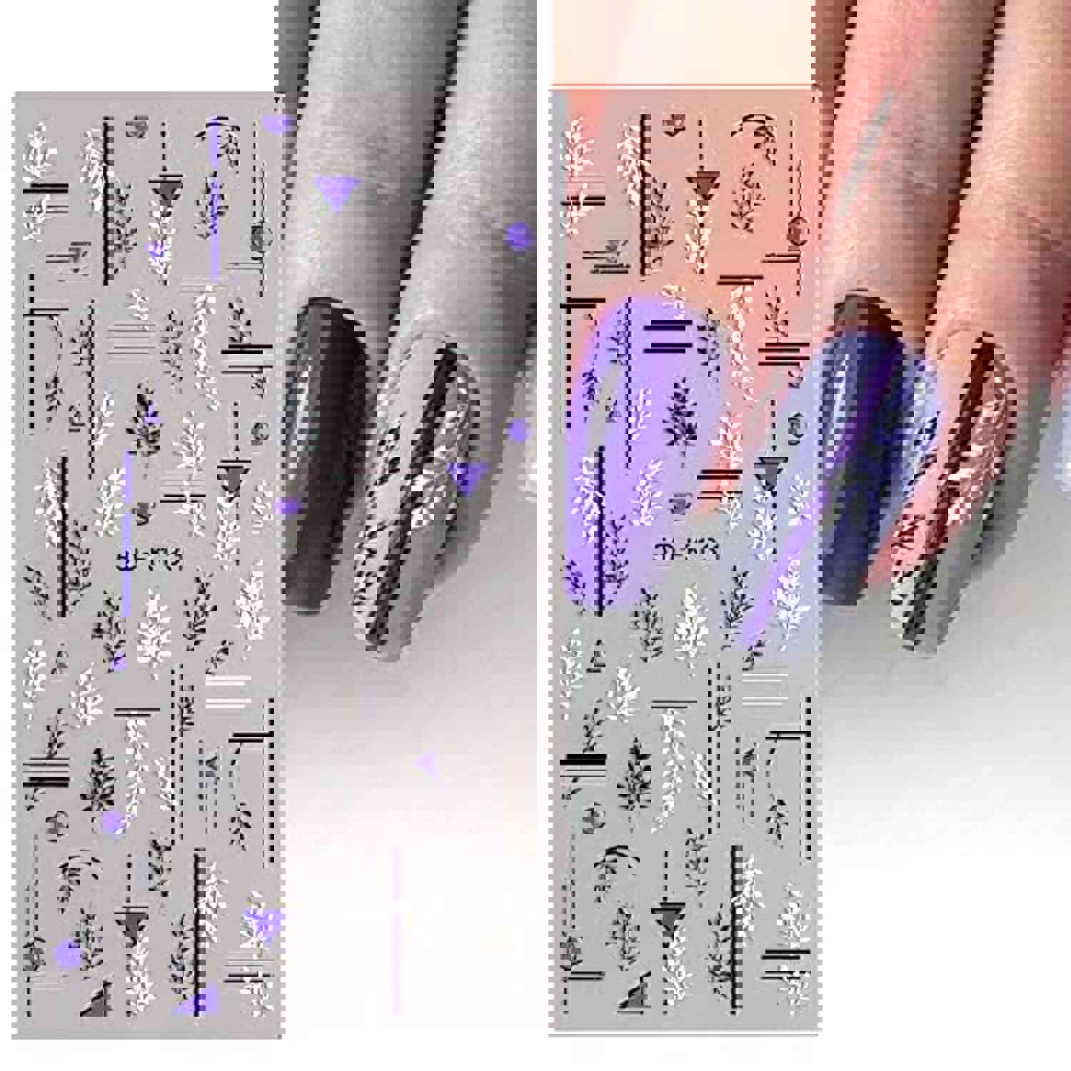 5D Exquisite Embossed Leaves Nail Art Stickers - 4 Sheets (White, Black, Purple, Pink, Foliage Design)