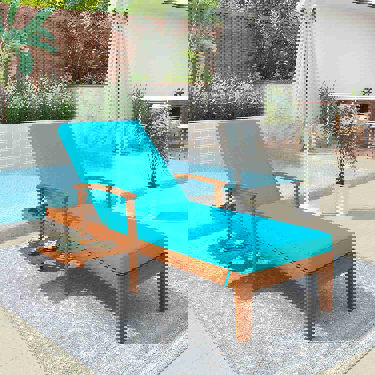 TOPMAX Outdoor Solid Wood 78.8 Chaise Lounge Patio Reclining Daybed with Cushion, Wheels and Sliding Cup Table