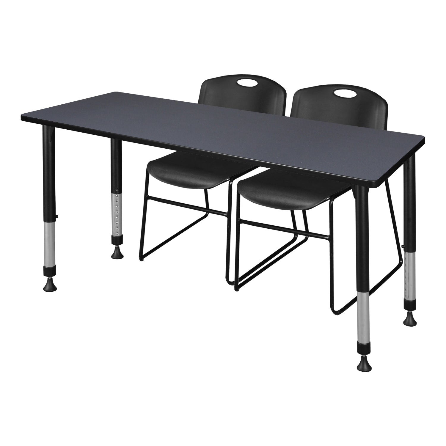 Kee Classroom Table and Chair Package - Adjustable Height Table with 2 Black Zeng Stack Chairs
