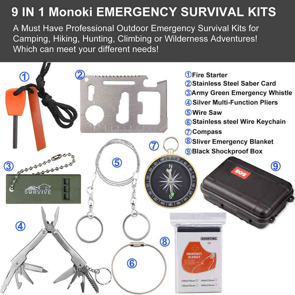 Monoki 9-In-1 Compact Outdoor Survival Gear Kit with Gift Box