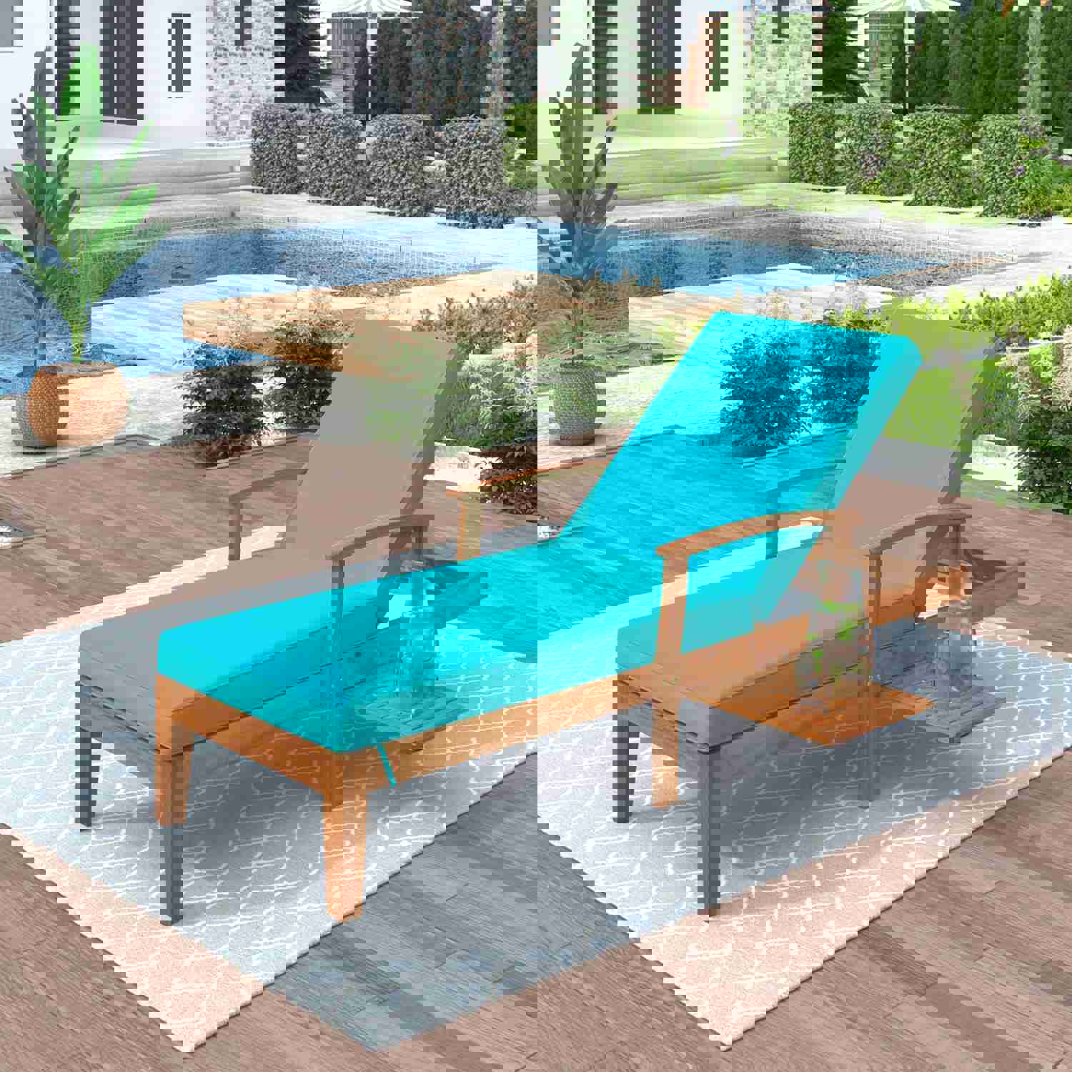 TOPMAX Outdoor Solid Wood 78.8 Chaise Lounge Patio Reclining Daybed with Cushion, Wheels and Sliding Cup Table