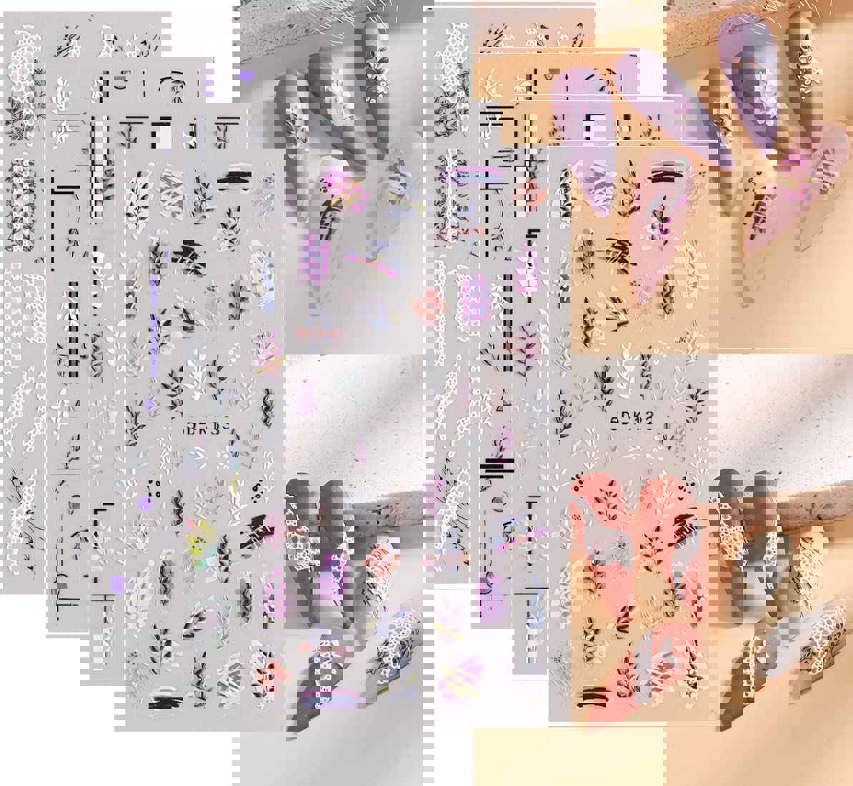 5D Exquisite Embossed Leaves Nail Art Stickers - 4 Sheets (White, Black, Purple, Pink, Foliage Design)