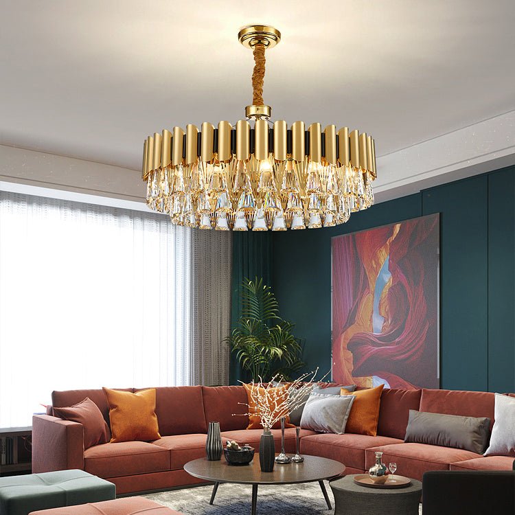 MIRODEMI® Luxury Drum Gold Crystal Chandelier - Modern LED Lighting for Kitchen & Living Room