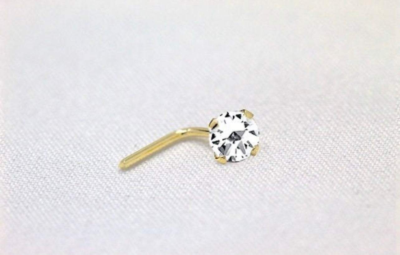 Teeny Tiny Gold Nose Stud - 14K Gold L-Bend Nose Screw with CZ Diamond Fishtail