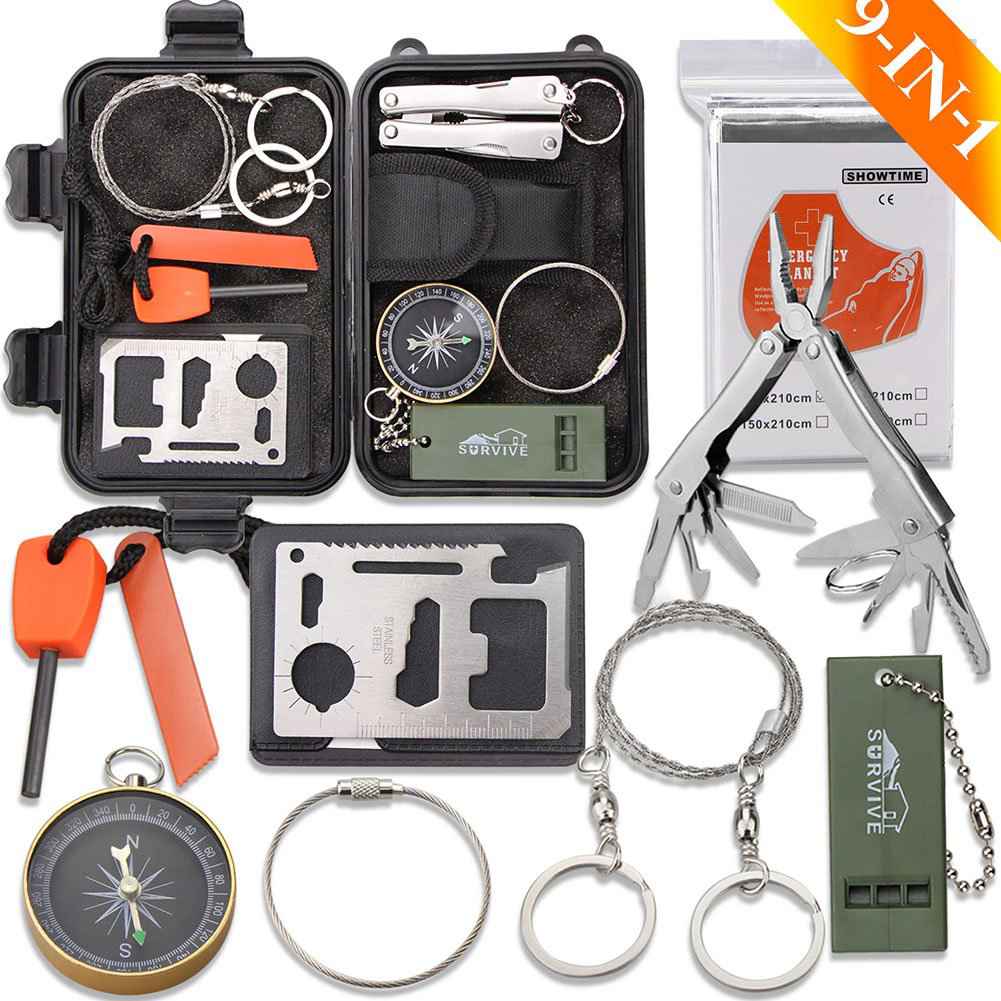Monoki 9-In-1 Compact Outdoor Survival Gear Kit with Gift Box