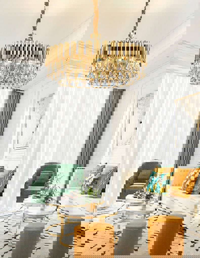 MIRODEMI® Luxury Drum Gold Crystal Chandelier - Modern LED Lighting for Kitchen & Living Room