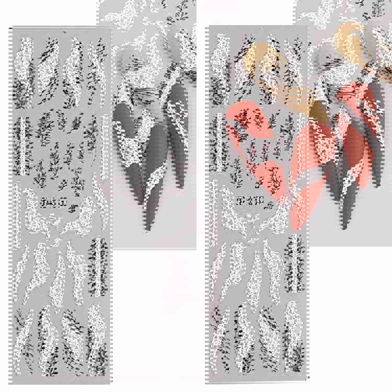 5D Exquisite Embossed Leaves Nail Art Stickers - 4 Sheets (White, Black, Purple, Pink, Foliage Design)