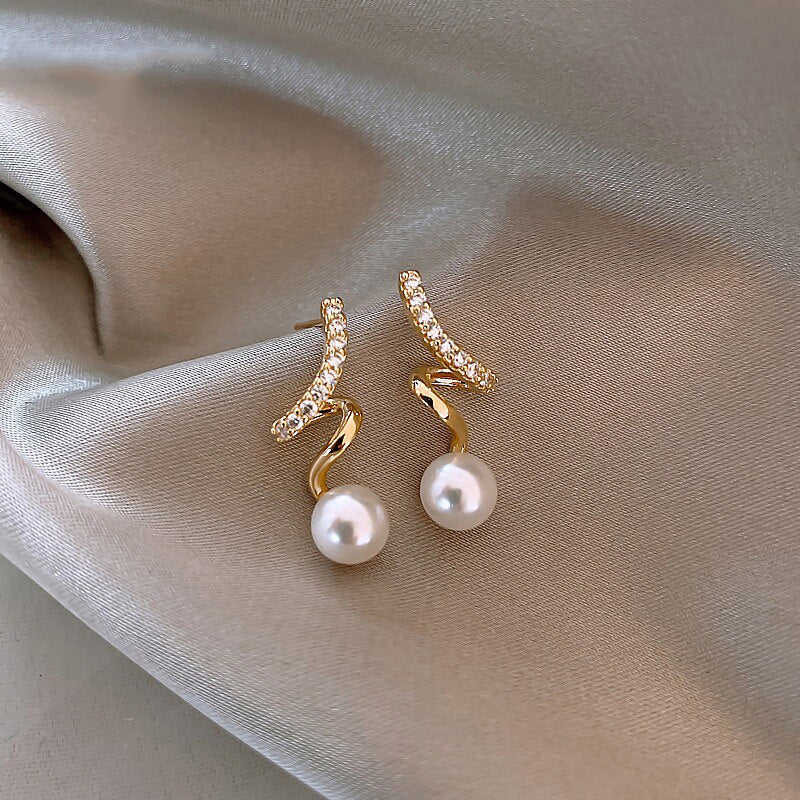 Korea Jewelry Copper Inlaid Zircon Spiral Pearl Pendant Earrings for Women