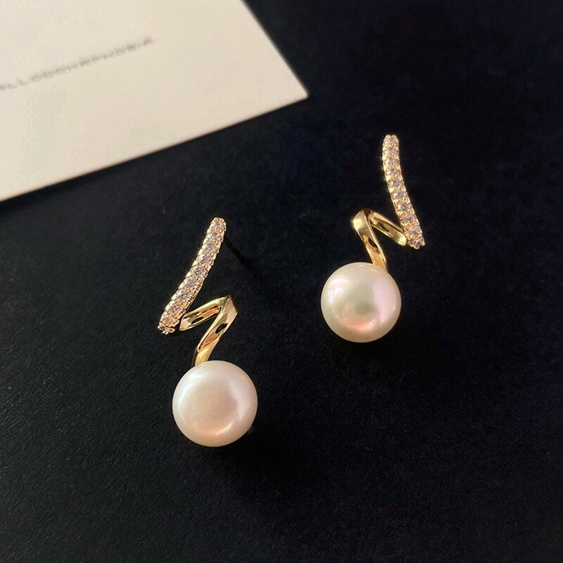 Korea Jewelry Copper Inlaid Zircon Spiral Pearl Pendant Earrings for Women