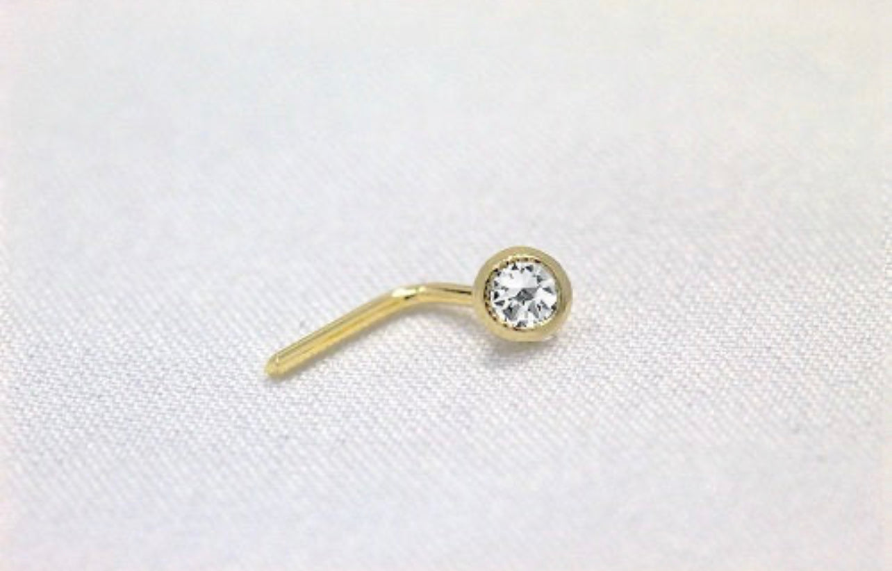 Teeny Tiny Gold Nose Stud - 14K Gold L-Bend Nose Screw with CZ Diamond Fishtail