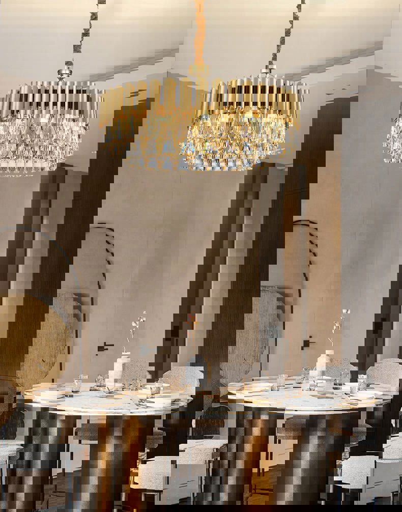 MIRODEMI® Luxury Drum Gold Crystal Chandelier - Modern LED Lighting for Kitchen & Living Room
