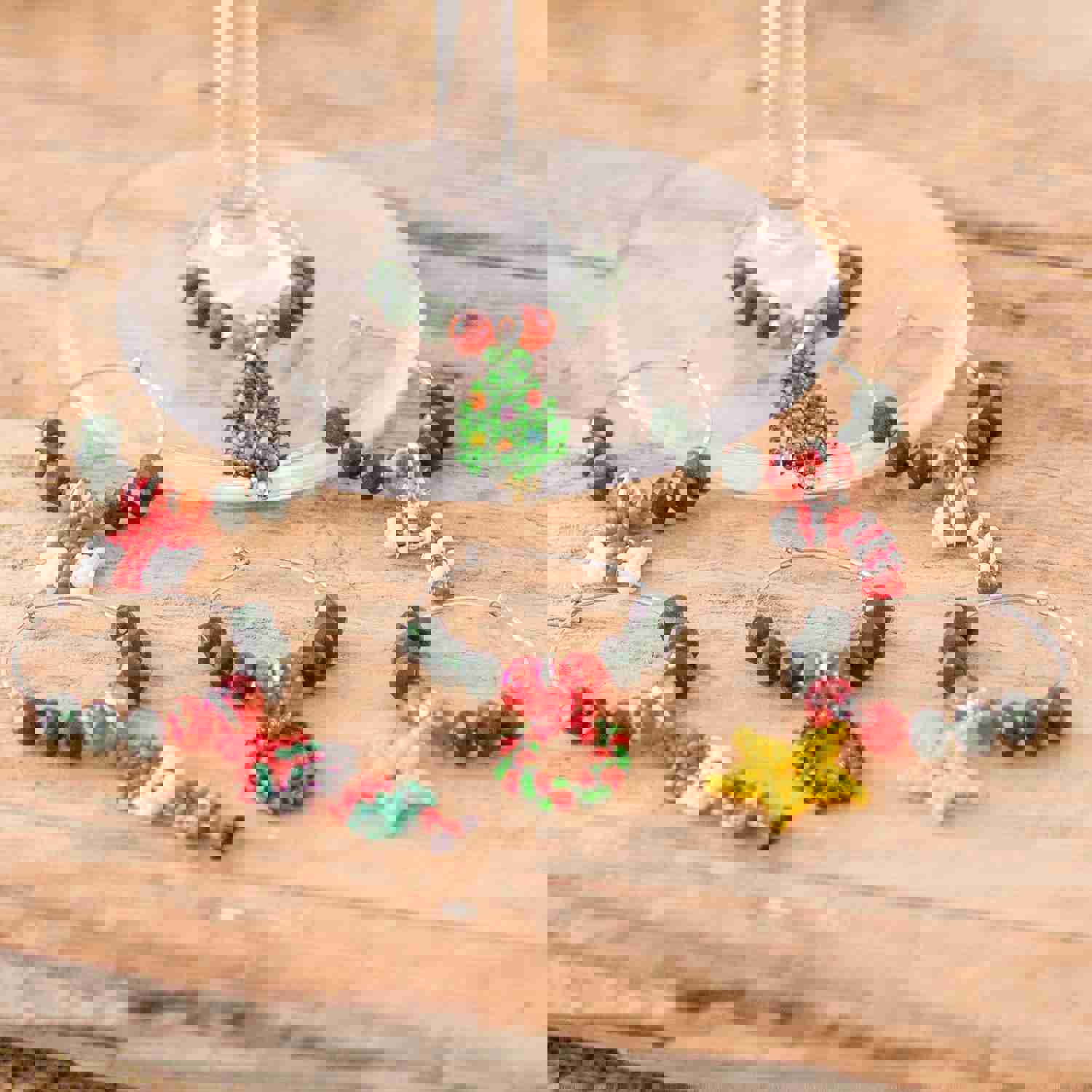 Set of 6 Christmas-Themed Handmade Glass Beaded Drink Tags - Refreshing Holidays | NOVICA