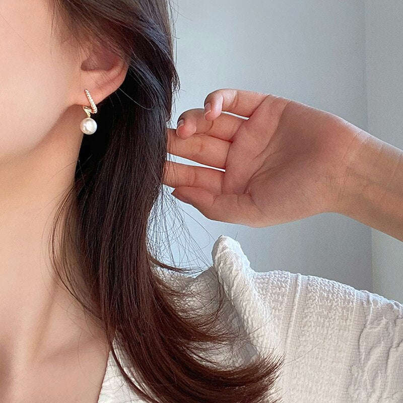 Korea Jewelry Copper Inlaid Zircon Spiral Pearl Pendant Earrings for Women