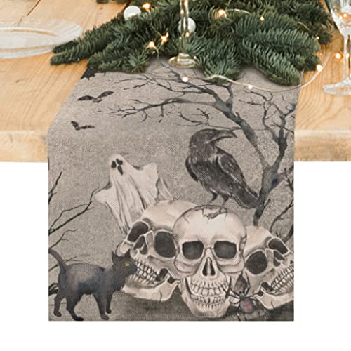 Halloween Table Runner - Vintage Skull Black Cat Burlap Dresser Cover