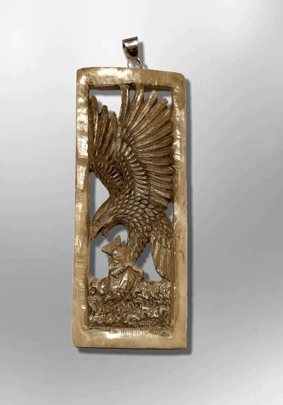 Handmade Bone Carved Long Hollow Rectangle Flying Eagle Pendant - Detailed No Paint Design