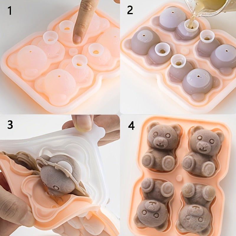 Teddy Bear Shape Ice Cube Silicone Mold - 4 Grid 3D Kitchen Tool for Fun Ice Balls