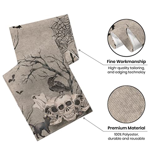 Halloween Table Runner - Vintage Skull Black Cat Burlap Dresser Cover