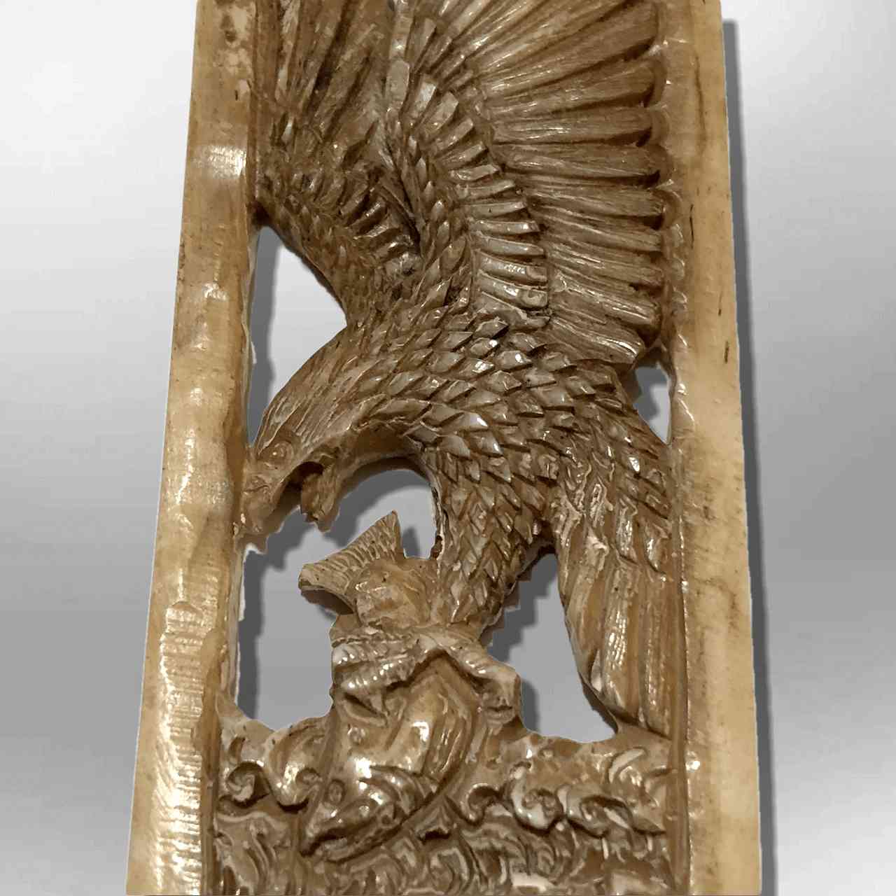 Handmade Bone Carved Long Hollow Rectangle Flying Eagle Pendant - Detailed No Paint Design