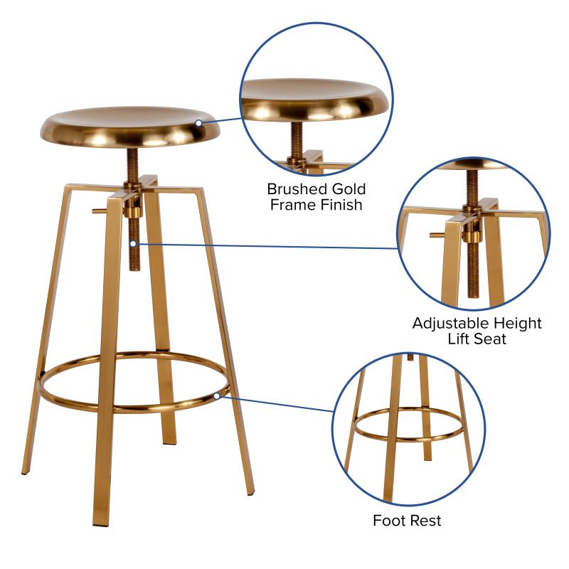 Flash Furniture Toledo Industrial Style Barstool - Gold Finish, Swivel Lift, Adjustable Height
