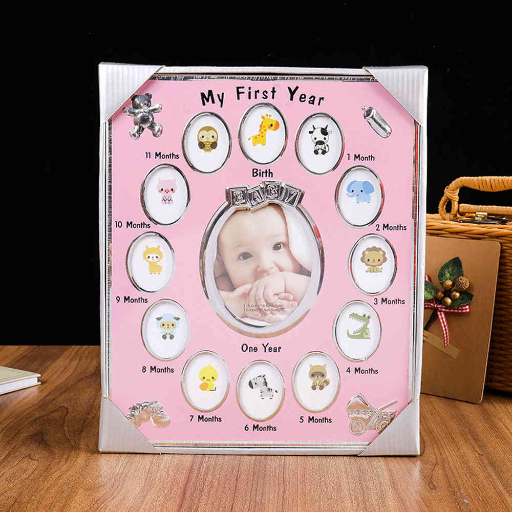 Baby's First Year Picture Photo Frame - Newborn Baby Shower Gift (Pink)