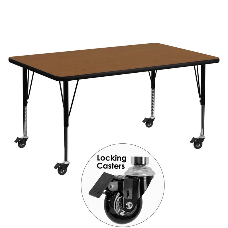 Flash Furniture Mobile 30W x 60L Rectangular Oak HP Laminate Activity Table - Height Adjustable Short Legs