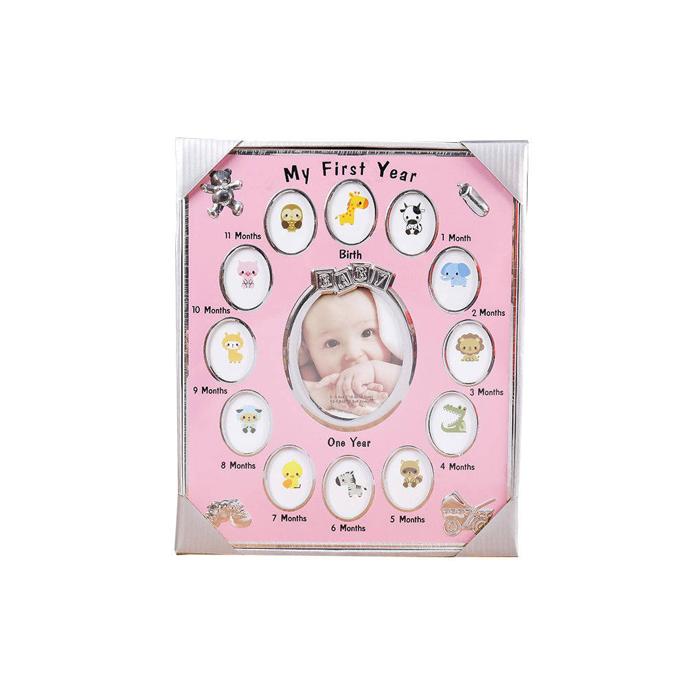 Baby's First Year Picture Photo Frame - Newborn Baby Shower Gift (Pink)