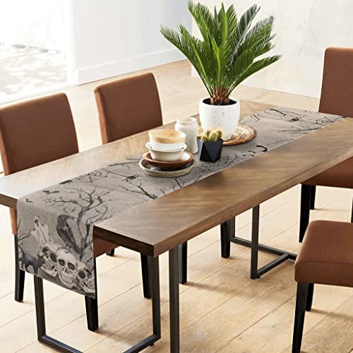 Halloween Table Runner - Vintage Skull Black Cat Burlap Dresser Cover