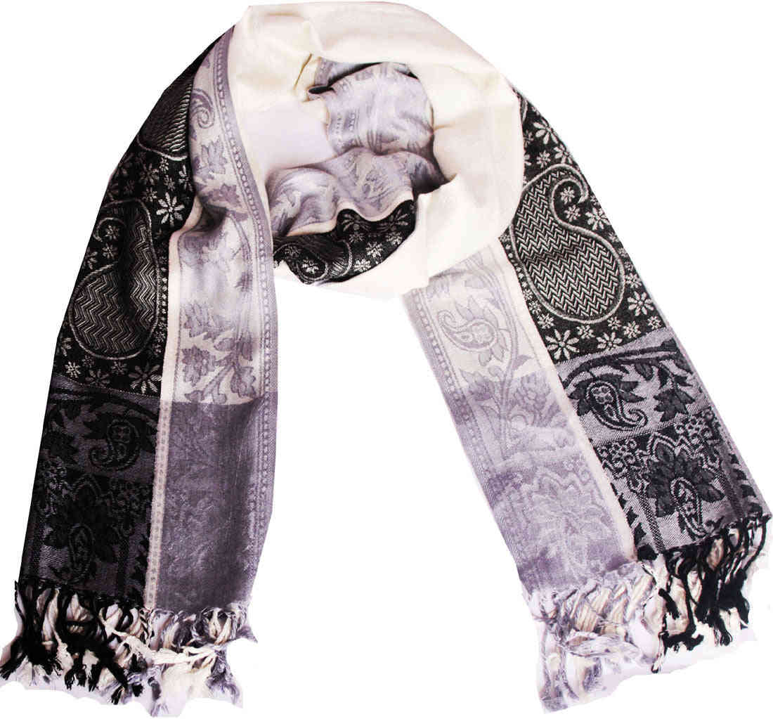Women's Jamawar Shawl Scarf Wrap - Handloom Woven Viscose (Off-White, 80 x 28 inches)