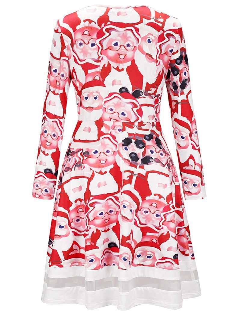 Fashion Santa Claus Print Hollow Front Long Sleeve Christmas Dresses For Women