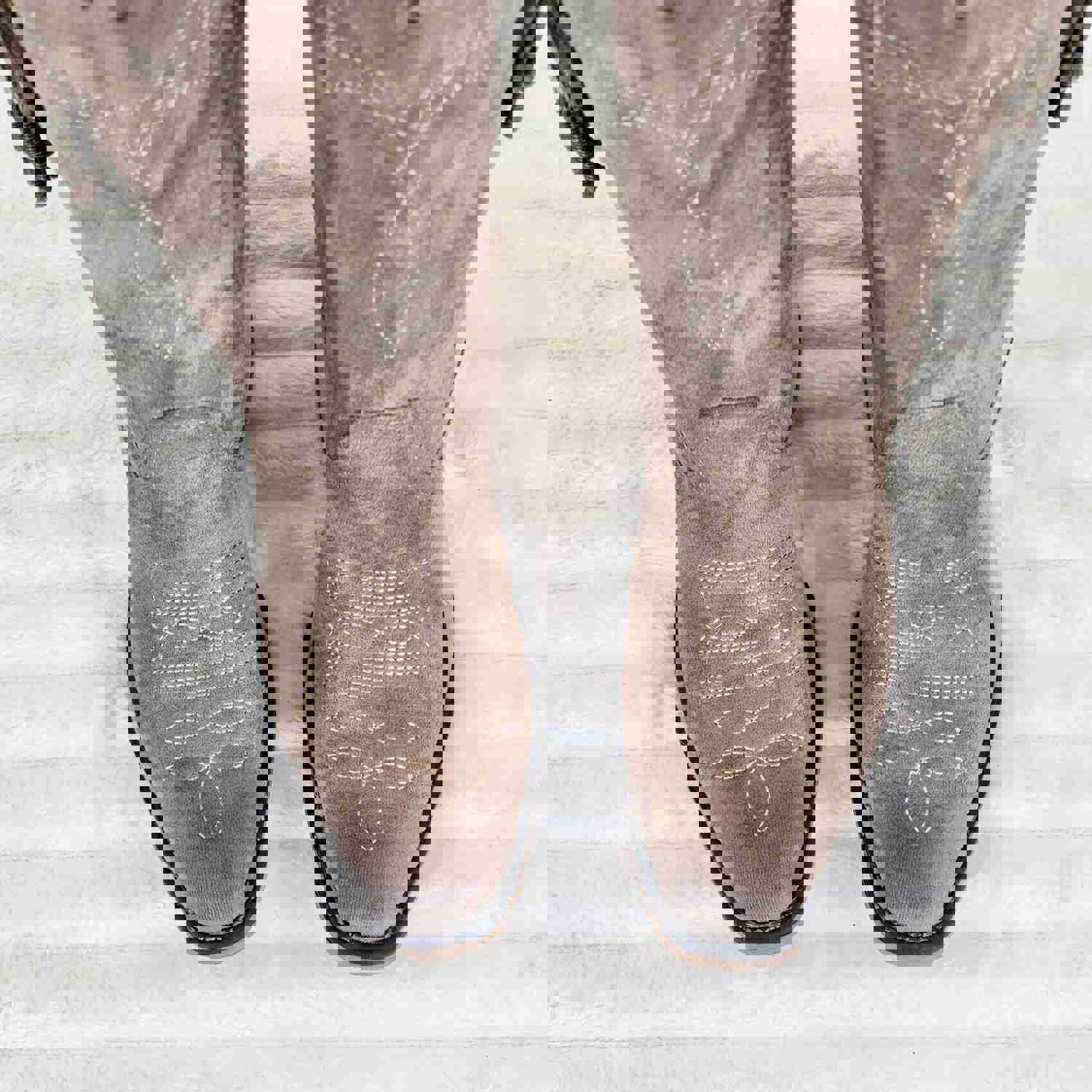 Prairie Girl Taupe Distressed Tassel Cowboy Cowgirl Pull On Mid Calf Boots