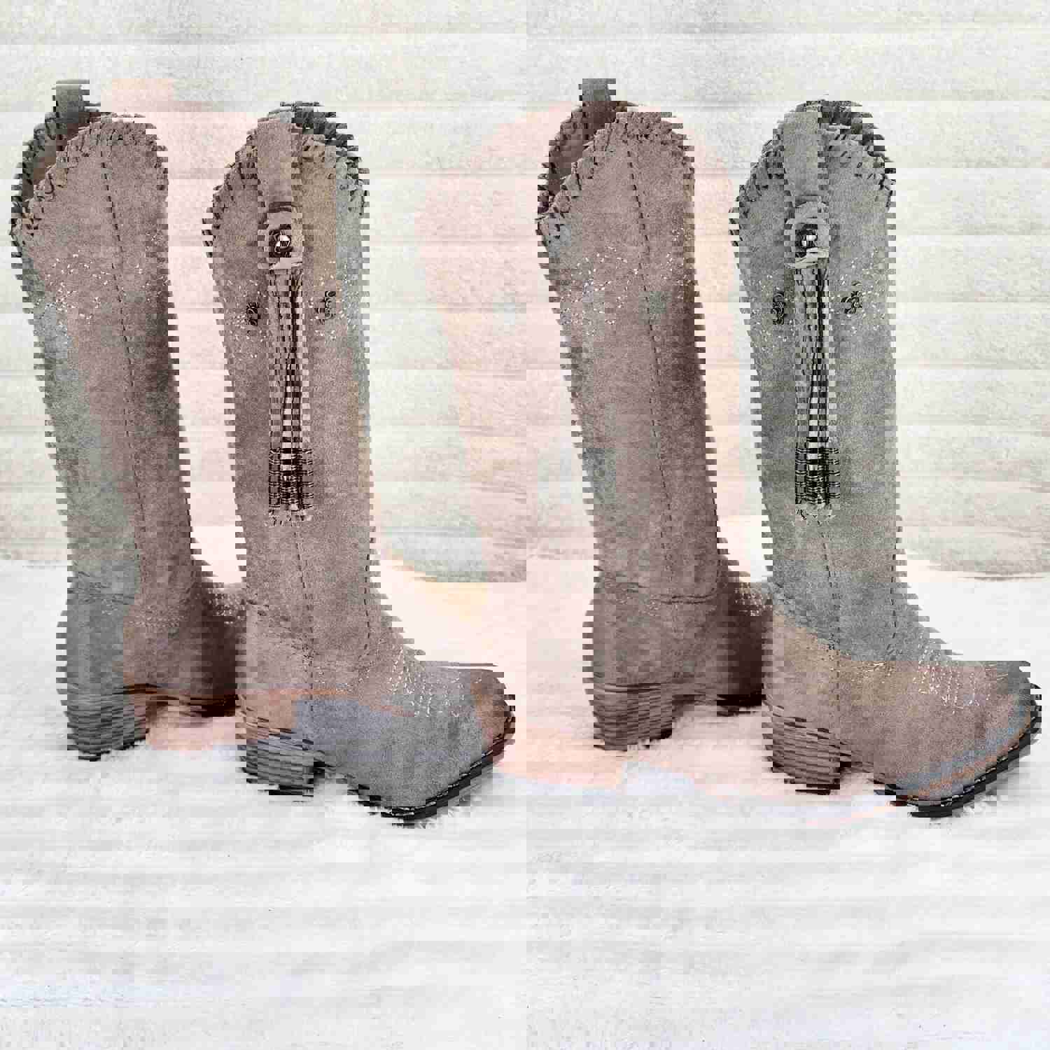 Prairie Girl Taupe Distressed Tassel Cowboy Cowgirl Pull On Mid Calf Boots