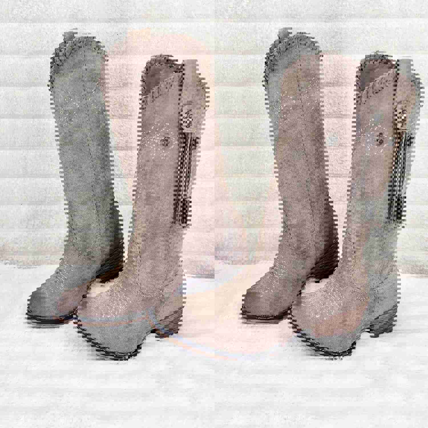 Prairie Girl Taupe Distressed Tassel Cowboy Cowgirl Pull On Mid Calf Boots