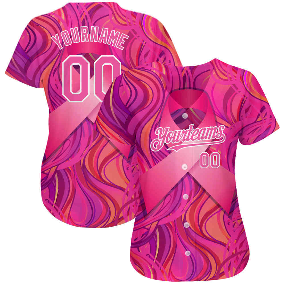 Custom Pink-White 3D Pink Ribbon Breast Cancer Awareness Baseball Jersey