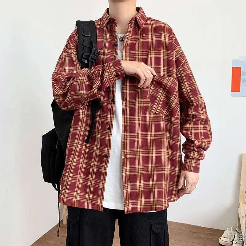 Nukty Fashion Lapel Button Spliced Pockets Lattice Shirt for Men - Spring Casual Long Sleeve Korean Style Top
