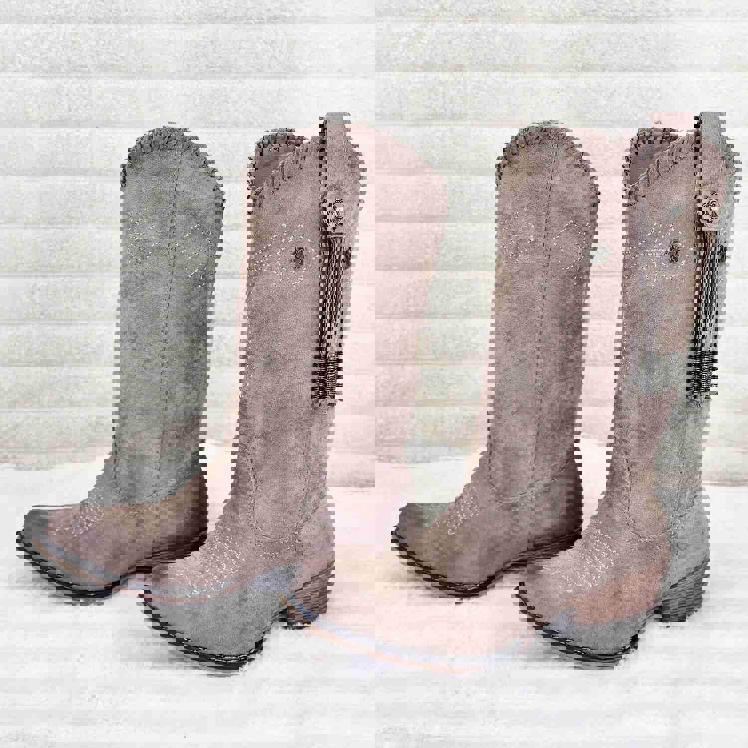 Prairie Girl Taupe Distressed Tassel Cowboy Cowgirl Pull On Mid Calf Boots