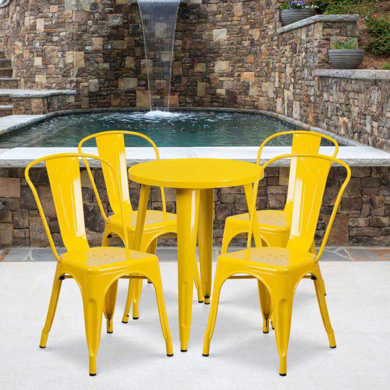 CH-51080TH-4-18CAFE Flash Furniture Chauncey 24" Round Yellow Metal Indoor-Outdoor Table Set with 4 Cafe Chairs