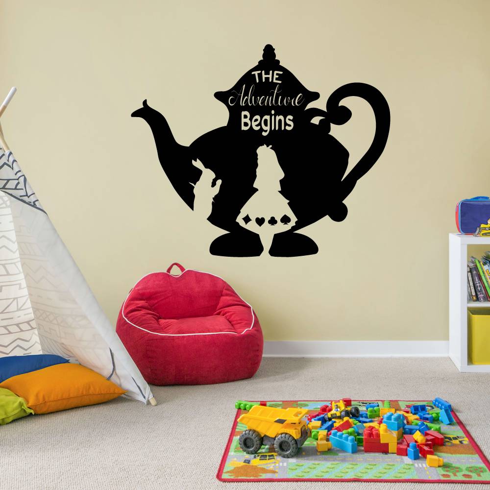 Alice in Wonderland Quotes Vinyl Wall Sticker Decal - Adventure Begins Teapot Design