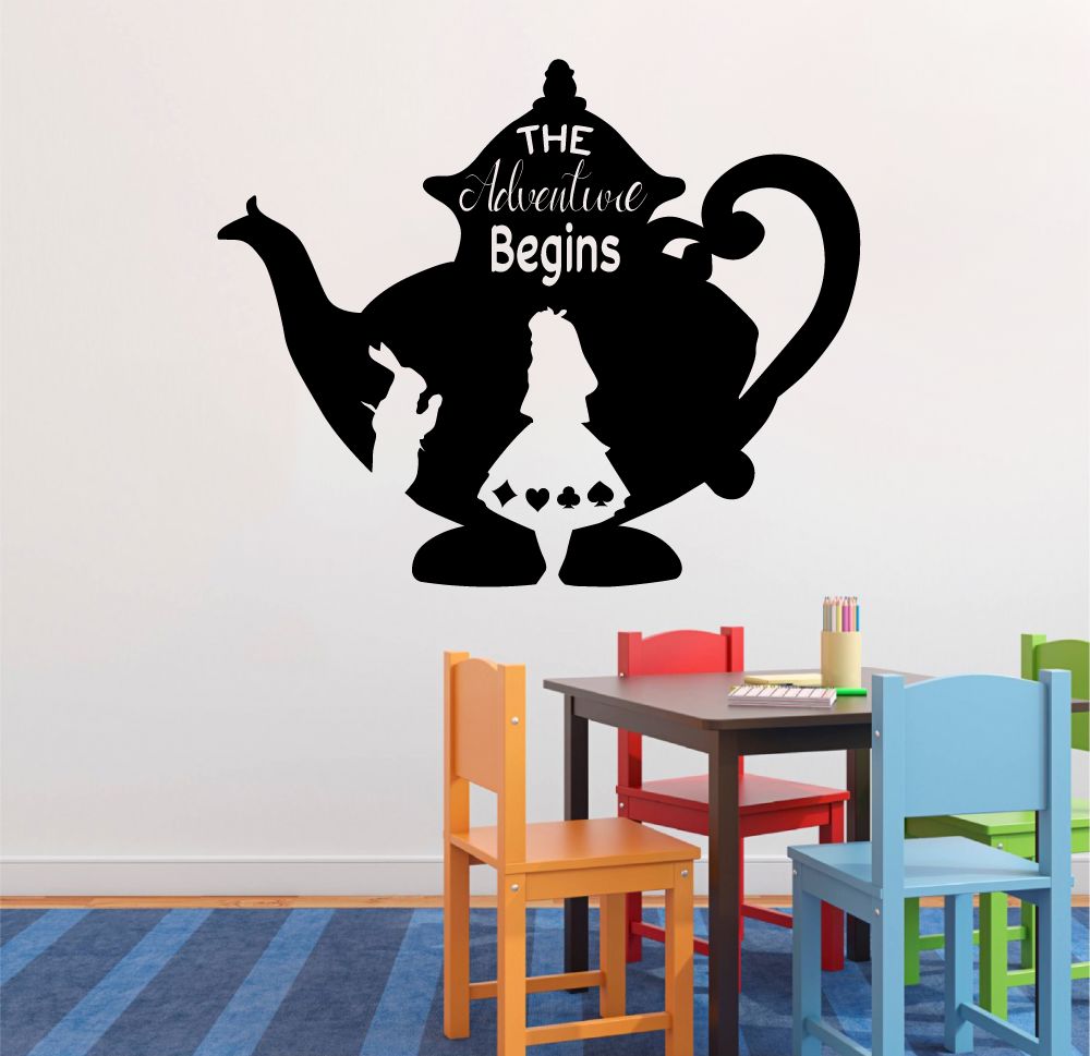 Alice in Wonderland Quotes Vinyl Wall Sticker Decal - Adventure Begins Teapot Design