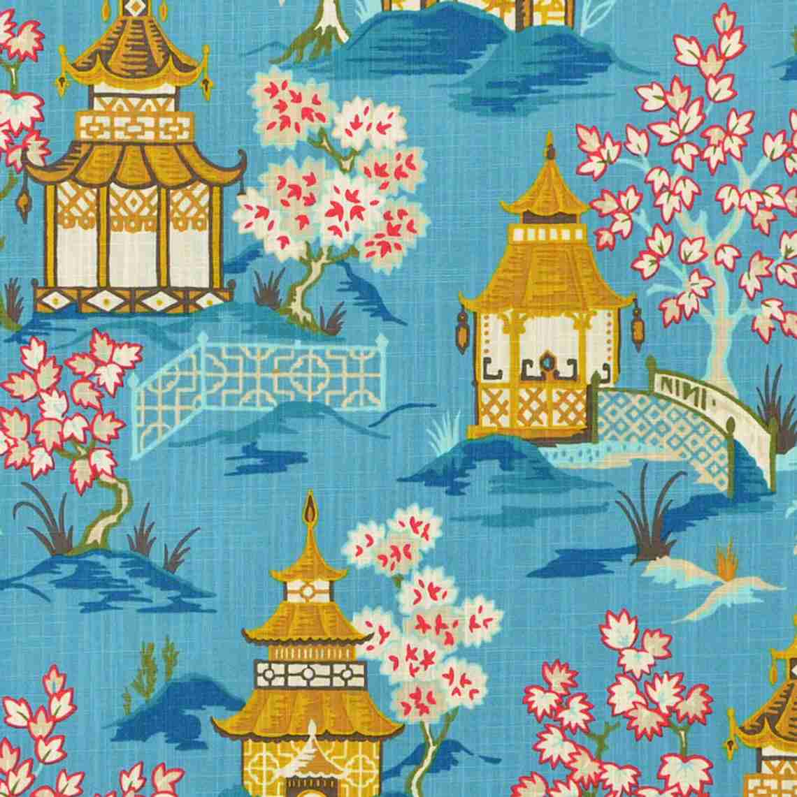 Empress Swag Valance in Shoji Azure Blue Oriental Toile Multicolor Chinoiserie