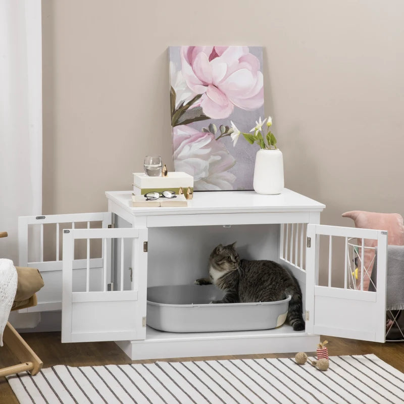 PawHut Wooden Dog Crate End Table with Triple Doors for Small Dogs, White