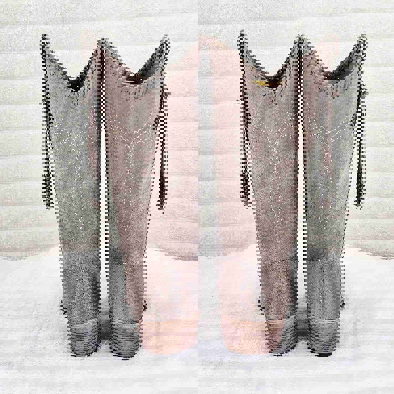 Prairie Girl Taupe Distressed Tassel Cowboy Cowgirl Pull On Mid Calf Boots