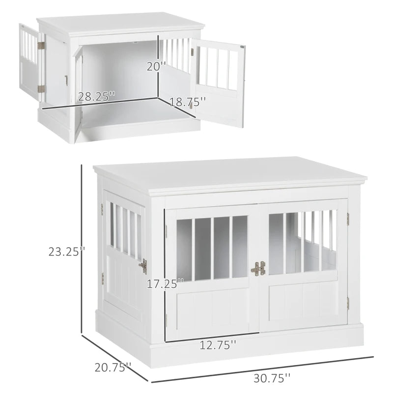 PawHut Wooden Dog Crate End Table with Triple Doors for Small Dogs, White
