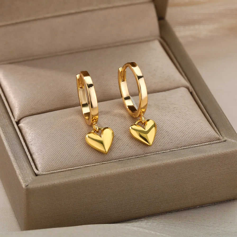Stainless Steel Heart Earrings For Women - Vintage Gold Love Drop Earrings