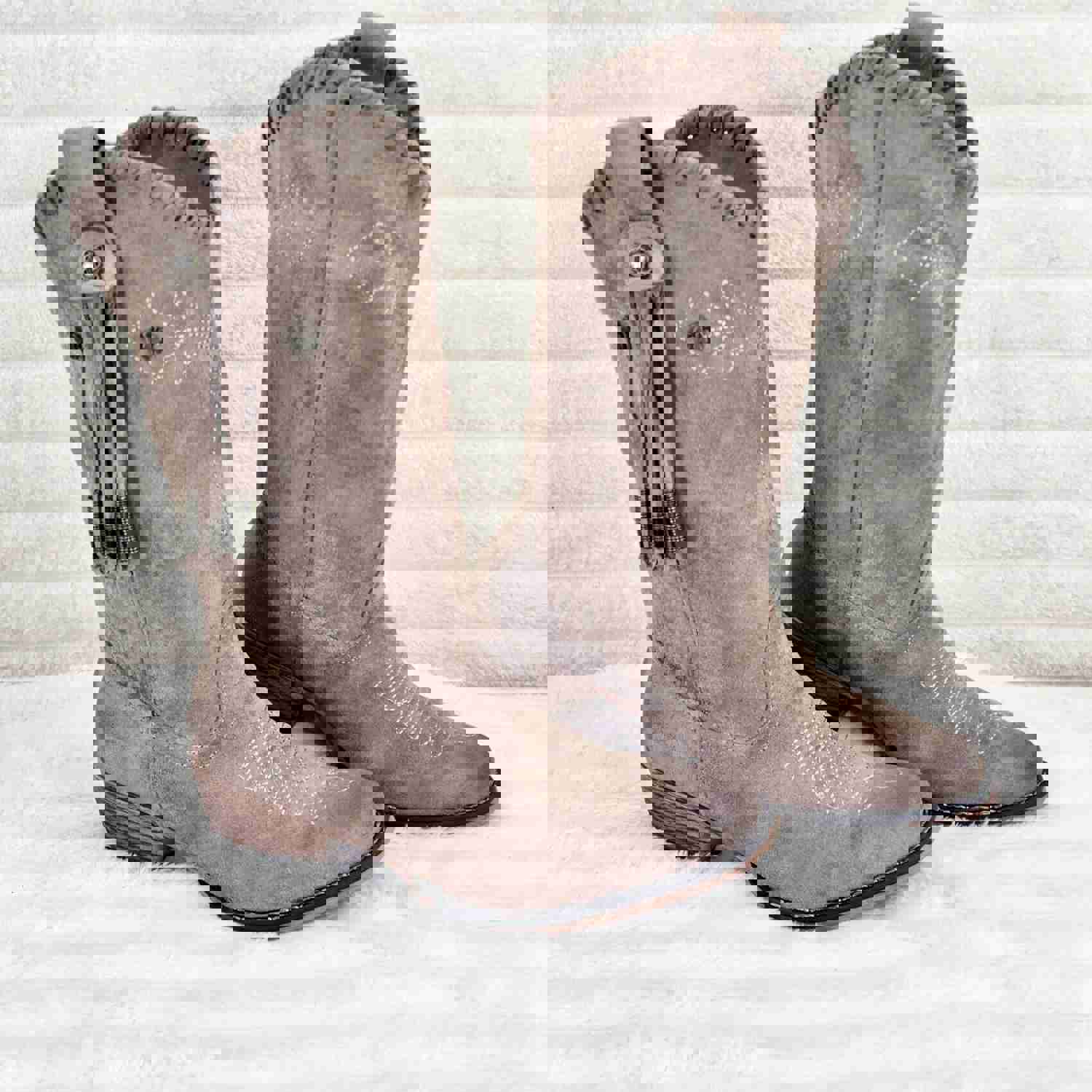 Prairie Girl Taupe Distressed Tassel Cowboy Cowgirl Pull On Mid Calf Boots