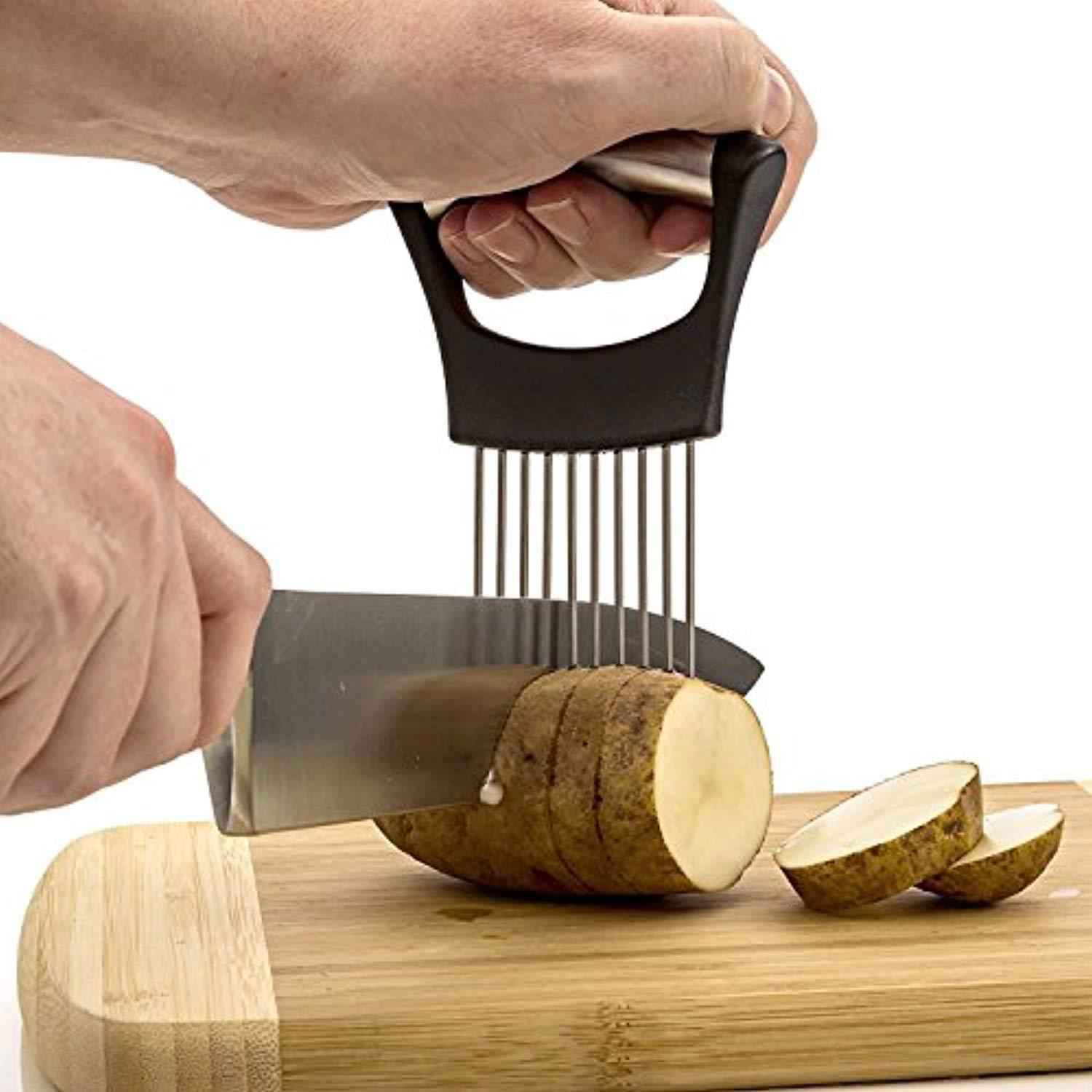 Hulless Stainless Steel Onion Holder & Vegetable Slicer - Multipurpose Kitchen Tool