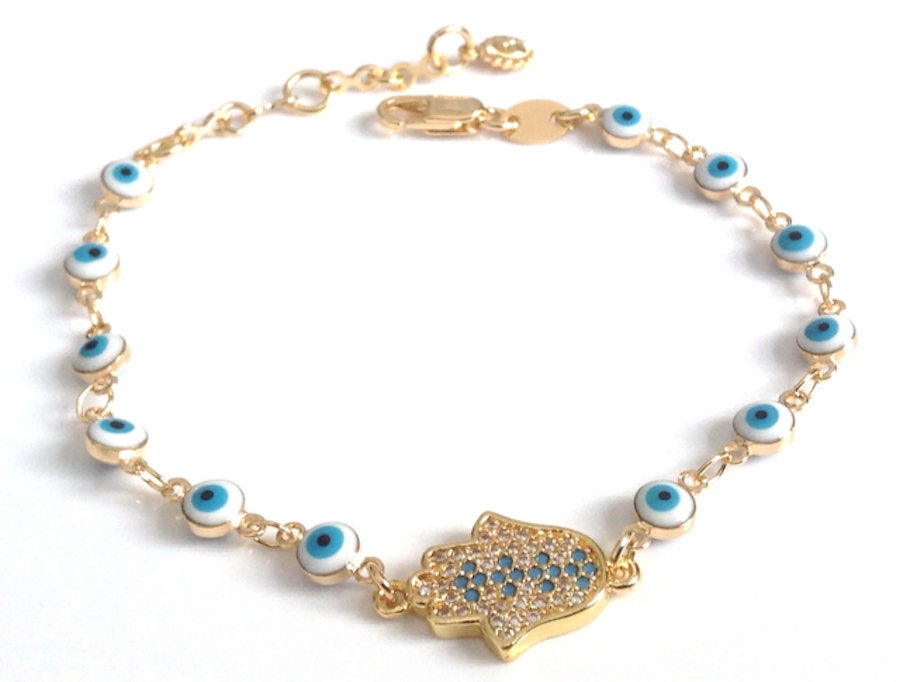Lucky Charm Bracelet - Evil Eye Gold Hamsa Bracelet with Protection Pendant