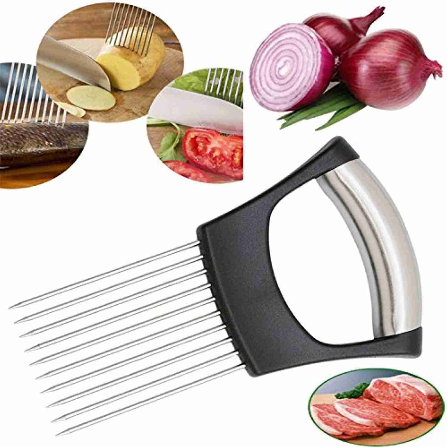 Hulless Stainless Steel Onion Holder & Vegetable Slicer - Multipurpose Kitchen Tool
